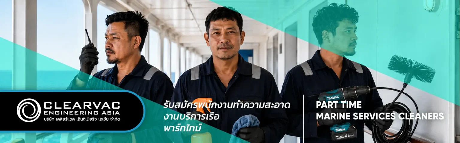 Clearvac Engineering Asia part-time marine services cleaners vacancy banner in Phuket, showing marine service workers onboard a vessel.