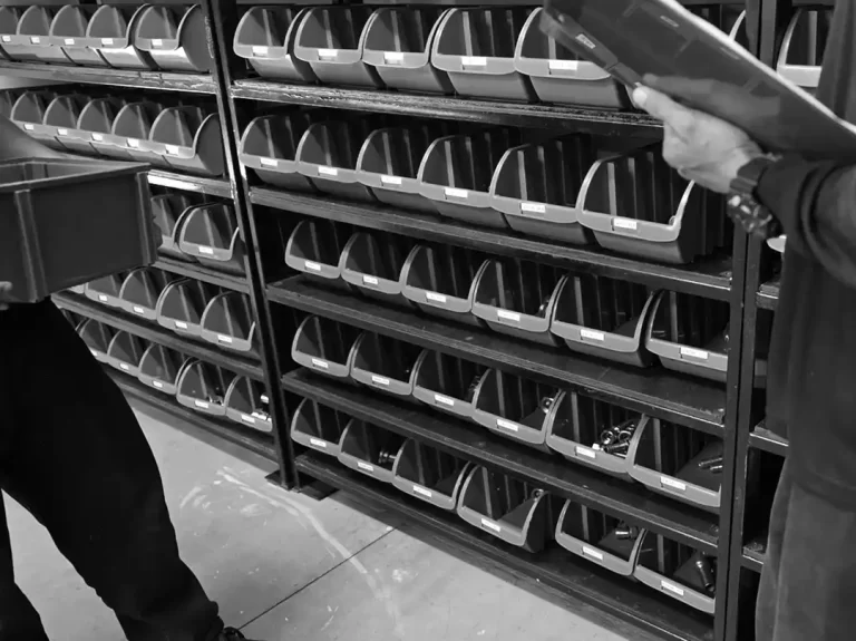 shelves of tray boxes containing marine yacht fittings are stacked against a wall of a marine mechanical engineering workshop