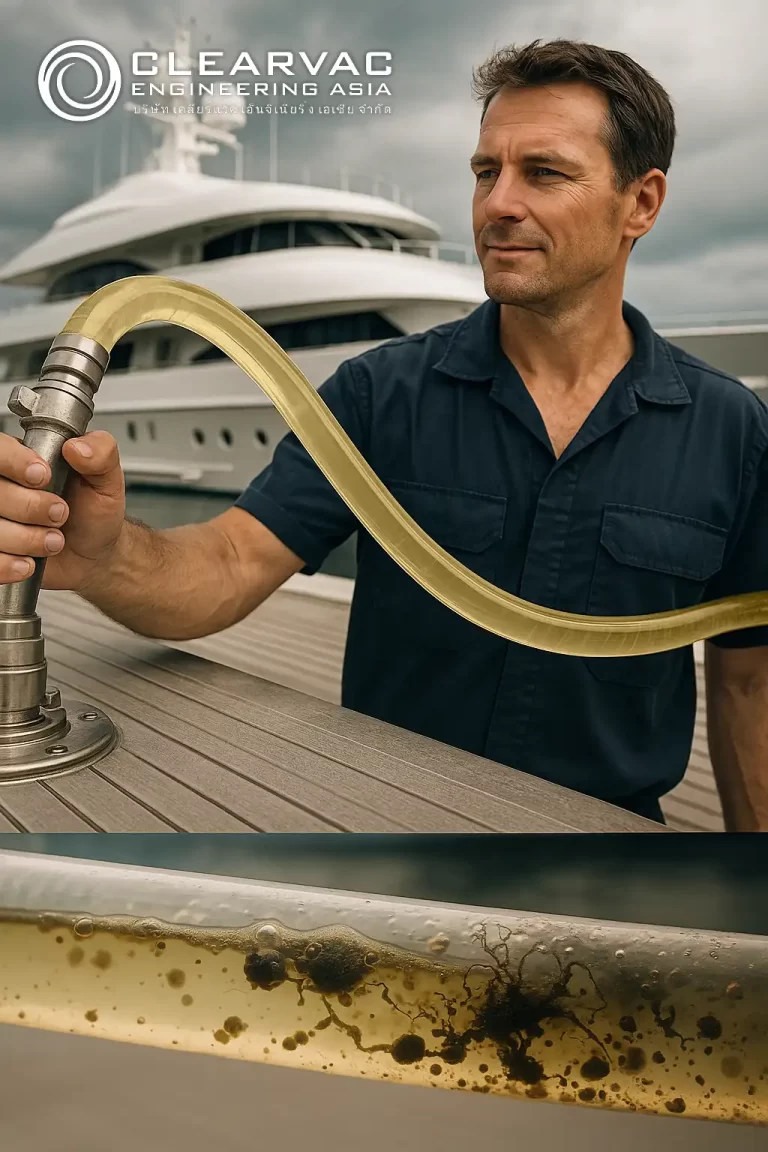 Superyacht engineer performing fuel transfer inspection on deck, with a transparent hose showing clean diesel. Inset close-up reveals microbial contamination in marine diesel fuel, highlighting risks of untreated fuel tanks. Captured during fuel polishing operation by Clearvac Engineering Asia.