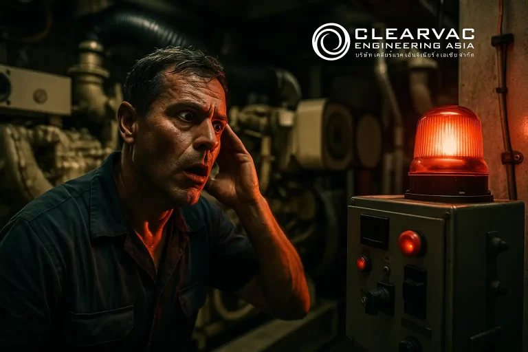 Marine engineer reacting to an unexpected engine room alarm, illuminated by a red warning light. The image, produced by Clearvac Engineering Asia, conveys the urgency and operational risk associated with undetected diesel fuel contamination on superyachts and commercial vessels.