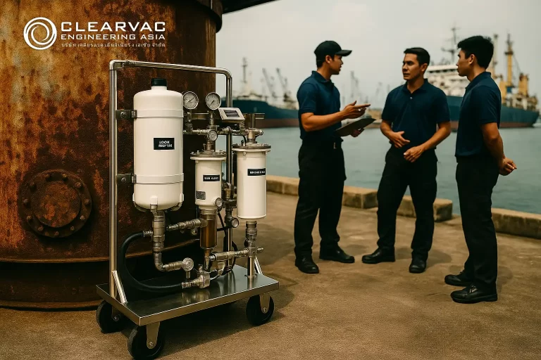 Clearvac Engineering Asia team conducting a dockside briefing beside a mobile fuel polishing system, with commercial vessels in the background. The image highlights professional fuel filtration capabilities in port environments, supporting cleaner diesel operations for superyachts and marine fleets across Southeast Asia.