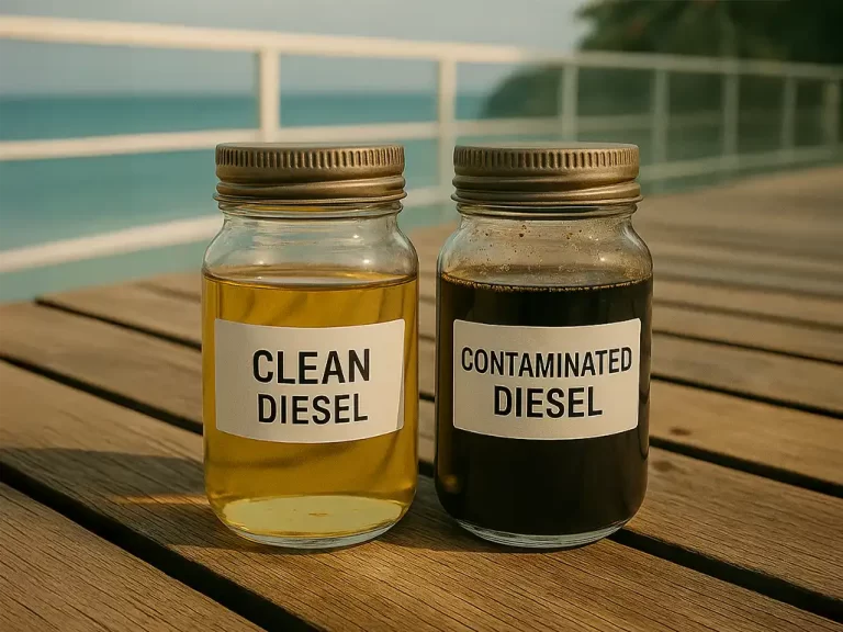 Side-by-side glass jars labeled "Clean Diesel" and "Contaminated Diesel" displayed on a teak yacht deck, showing the stark contrast in fuel quality. Used to illustrate the importance of fuel cleanliness in tropical marine environments, particularly for superyacht operations in Southeast Asia.