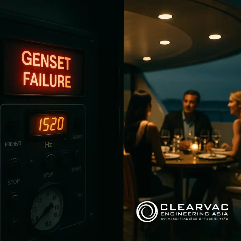 Close-up of a “GENSET FAILURE” alarm on a superyacht control panel, contrasted with guests dining on deck in evening lighting. Created by Clearvac Engineering Asia to highlight the consequences of generator failure during charter operations due to untreated or contaminated marine diesel fuel.