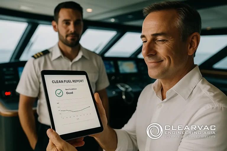 Superyacht captain and officer reviewing a digital “Clean Fuel Report” on the bridge, confirming fuel condition as good. The image, branded by Clearvac Engineering Asia, illustrates the importance of documented fuel quality assurance and onboard compliance for luxury yacht operations.