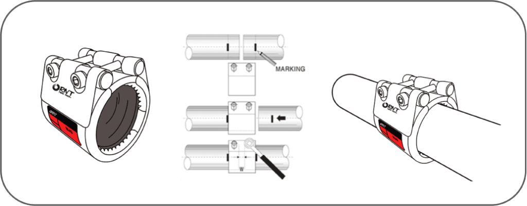 "RNT Smart Grip Clamp fitting demonstration showing step-by-step pipe alignment, marking, and installation for marine pipe systems."