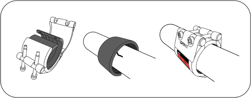 RNT Smart Hinge Clamp fitting on damaged marine pipe, showing open hinge design, sealing insert, and secure clamp closure process.