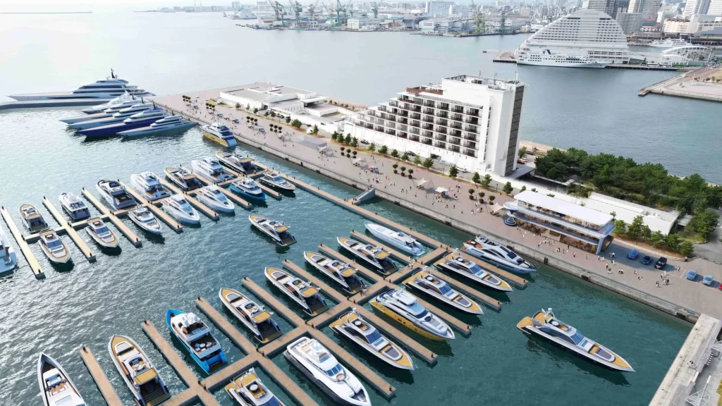 Rendering of Kobe Marina Japan, a future 180-berth superyacht base under construction and set to open in 2025, showing docked luxury yachts, hotel facilities, and waterfront infrastructure in Kobe Port.