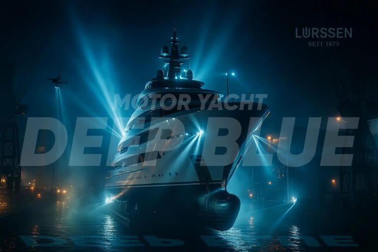 Nighttime launch of a luxury superyacht illuminated by blue spotlights in a shipyard dry dock, showcasing dramatic lighting, modern hull design, and maritime infrastructure.
