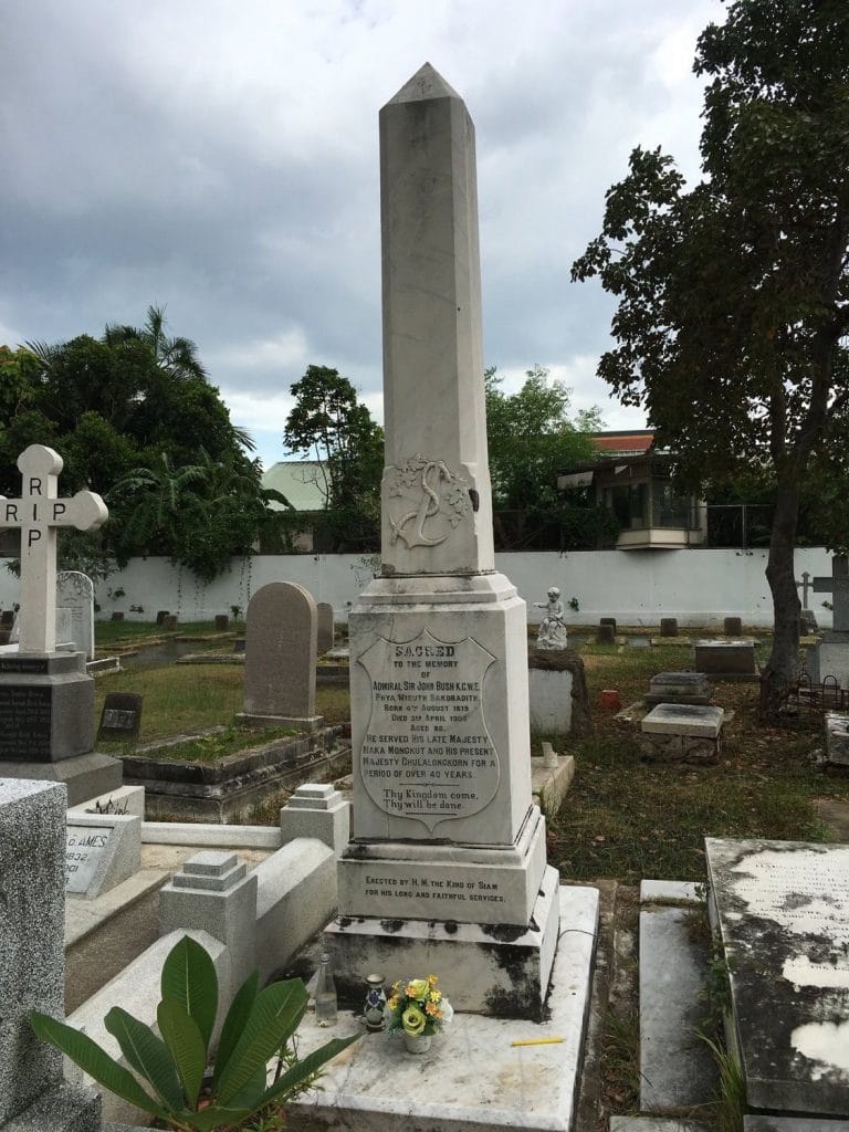 Gravesite of Admiral Sir John Bush KCMG at the Bangkok Protestant Cemetery, commemorating over 49 years of service to the Kingdom of Siam. Erected by royal decree, the memorial marks the legacy of a British naval officer who shaped Thailand’s maritime foundations and helped modernise the Royal Siamese Navy.