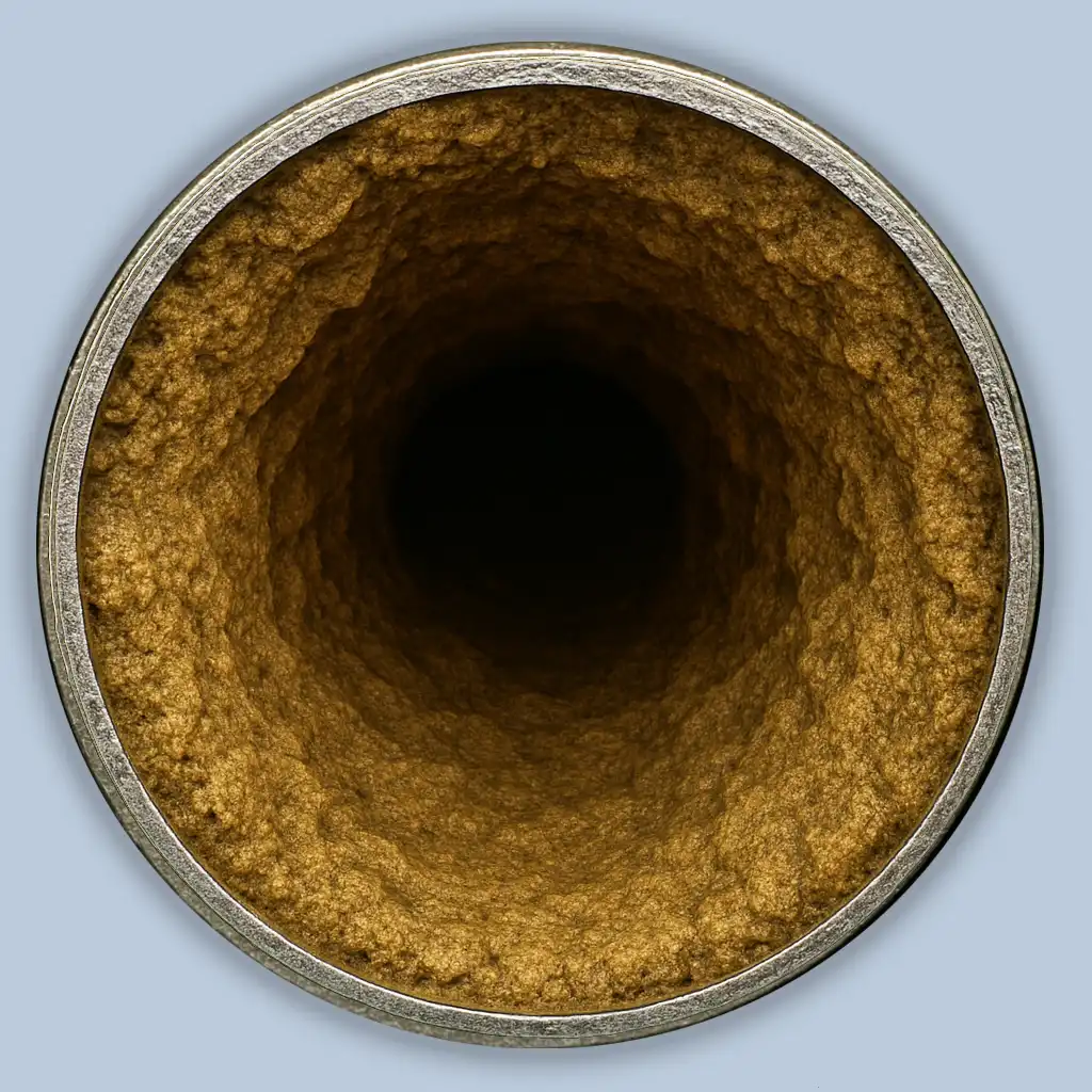 Marine sewage system pipe on a cruise vessel showing partial descaling with restricted flow channel beginning to form.