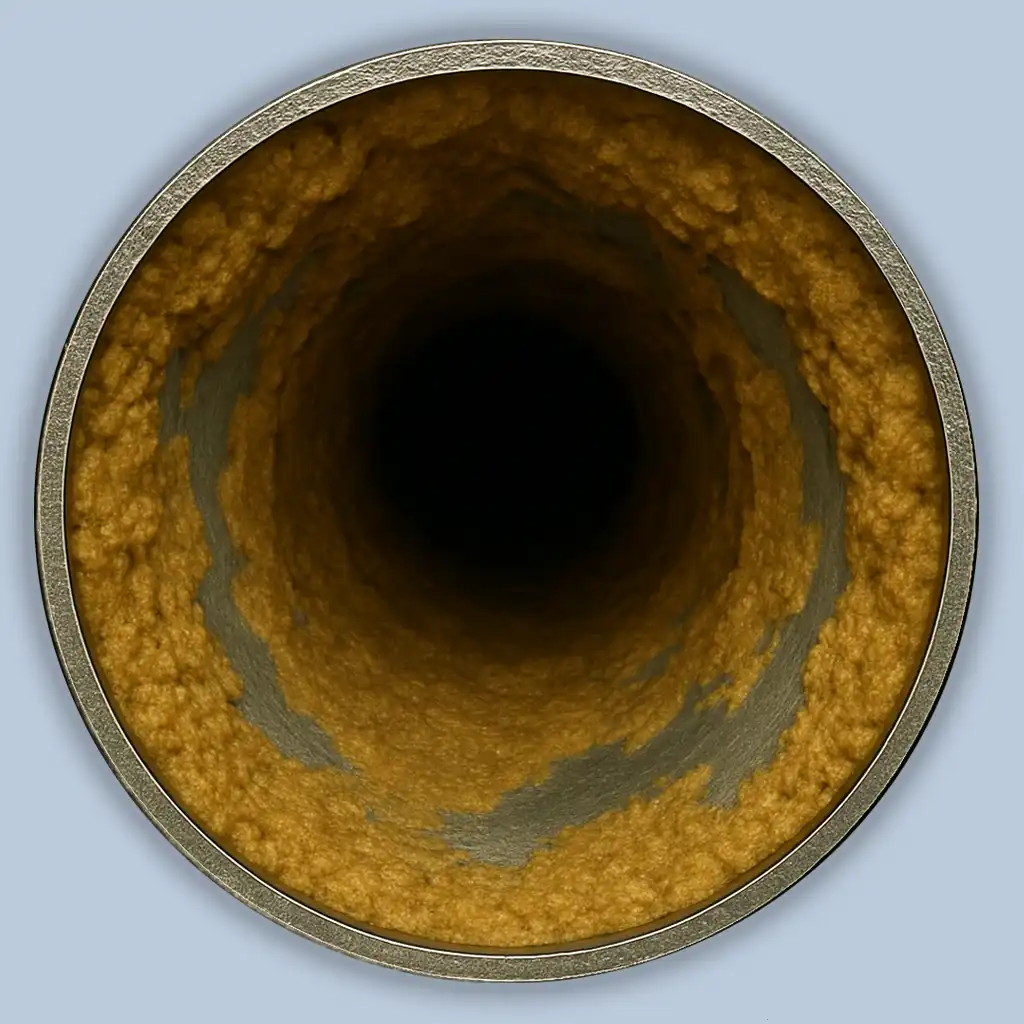 Cruise ship wastewater pipe during descaling process, with large areas of scale removed and inner metal surface visible.