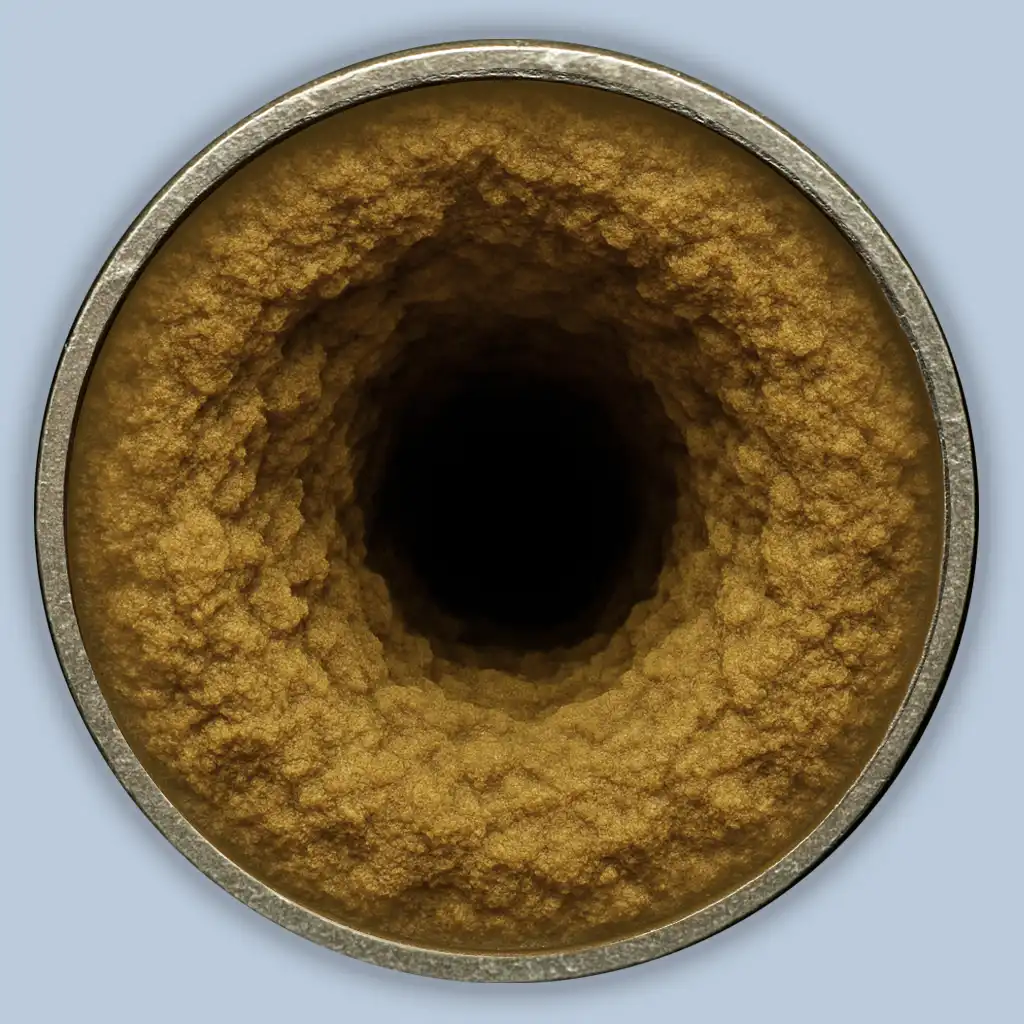 Cutaway view of a marine wastewater pipe heavily narrowed by severe brown mineral scale buildup, showing restricted flow and the need for professional black and grey water pipe descaling.