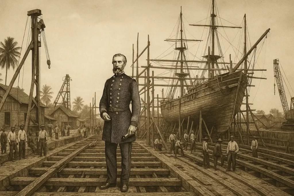 A sepia-toned historical illustration of Captain John Bush standing in a 19th-century Siamese dry dock. He wears a British naval uniform and holds a scroll, surrounded by Thai and European workers constructing a large wooden sailing ship on scaffolding. Early industrial cranes and wooden buildings line the background, evoking the beginnings of Bangkok Dock.