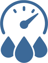 Icon showing a gauge with water droplets, symbolising gradual, controlled descaling action for blackwater pipe maintenance.