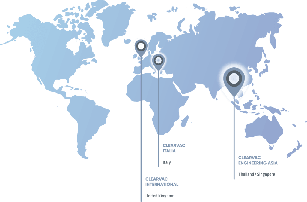 Global presence of Clearvac Group with offices in the United Kingdom and Italy, and core marine maintenance, engineering, and superyacht refit services based in Thailand and Singapore.