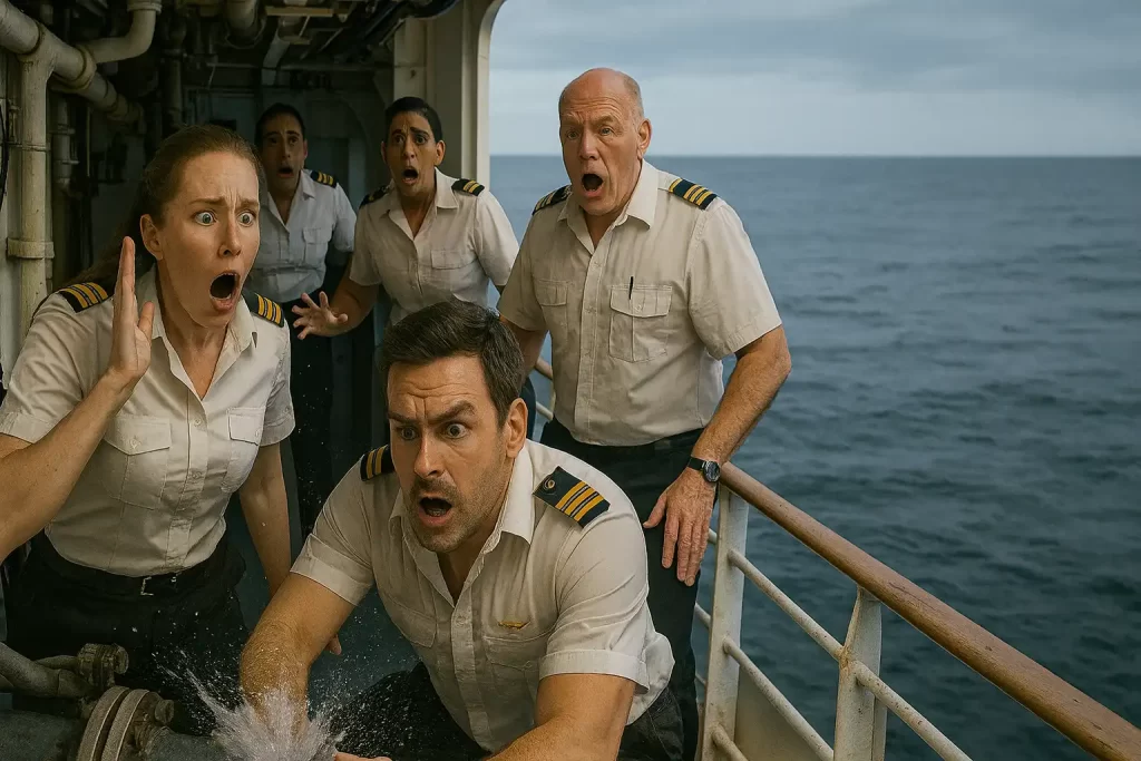 Sanitation incident at sea: cruise officers react as a leaking pipe sprays on deck, highlighting risks from scaled black water lines.