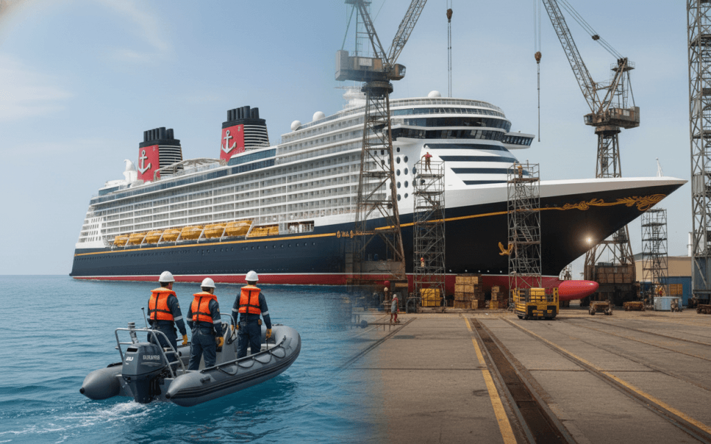 A modern cruise ship shown in a split scene, with the forward half at sea as a tender boat carrying engineers in PPE approaches, and the aft half in dry dock with scaffolding, cranes and yard workers performing maintenance. The image represents cruise ship servicing, global mobilisation and technical support at sea and during refit.