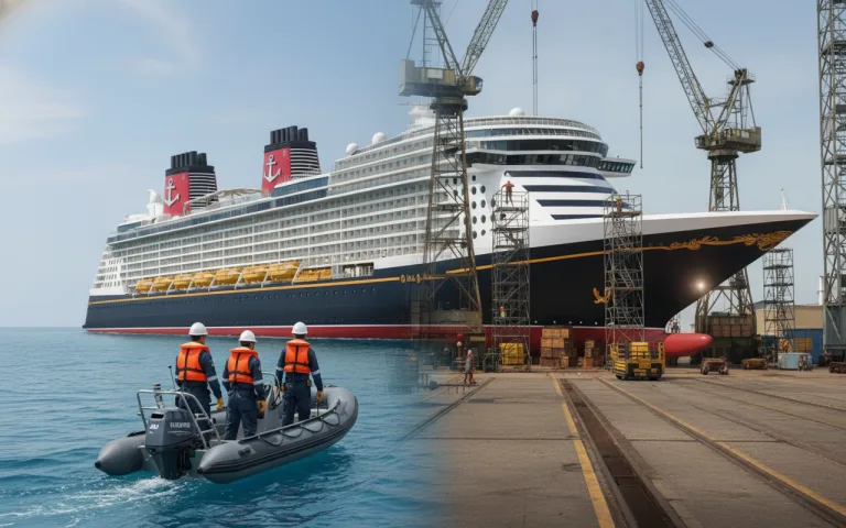 A modern cruise ship shown in a split scene, with the forward half at sea as a tender boat carrying engineers in PPE approaches, and the aft half in dry dock with scaffolding, cranes and yard workers performing maintenance. The image represents cruise ship servicing, global mobilisation and technical support at sea and during refit.