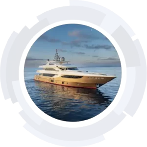 41-metre Gulf Craft Majesty 135 motor yacht M/Y Victon following a full superyacht refit, photographed at sea during sunset. Hull repainted and systems overhauled as part of Clearvac Engineering Asia’s yacht refit programme, showcasing engineering, paintwork, and finishing quality.