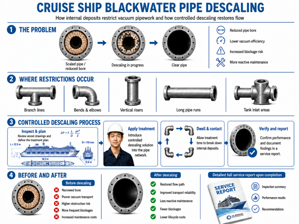 Infographic showing how deposits restrict cruise ship blackwater vacuum pipework and how controlled descaling restores pipe flow.