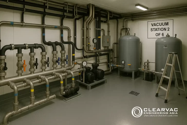 Cruise ship vacuum station (Vacuum Station 2 of 6) showing the black-pipe black-water system—stainless manifolds, twin pumps, collection tanks and gauges—in a clean, well-lit plant room.