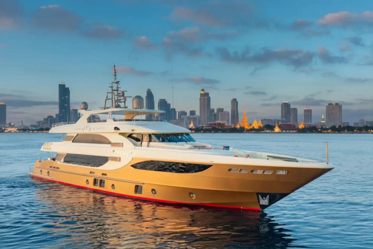 Motor yacht Victon berthed on the Chao Phraya River waiting to enter Clearvac Engineering Asia's Bankok super-yacht refit shipyard.