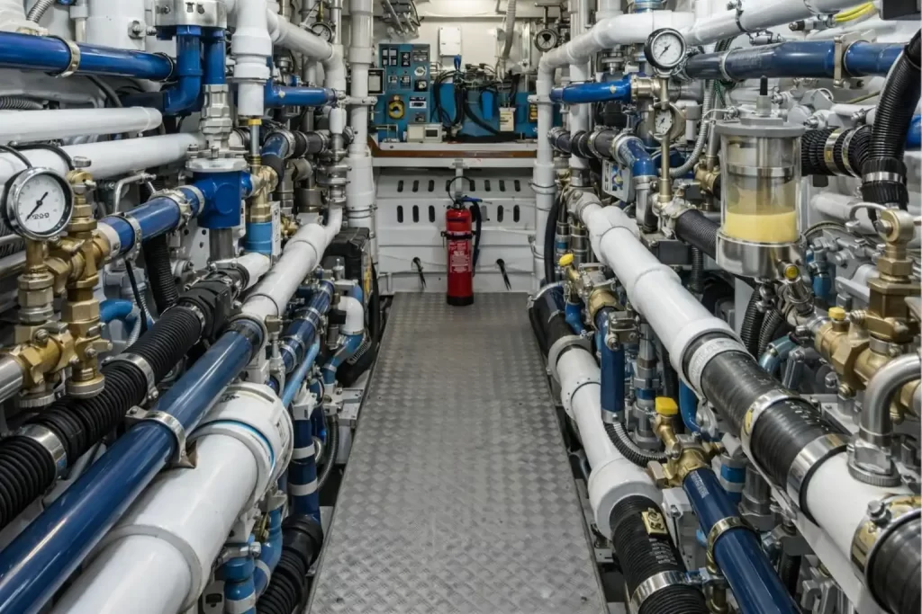 Marine plumbing system inside a ship engine room showing freshwater and seawater pipework, valves, filters, pressure gauges, and service manifolds arranged along a central access walkway.