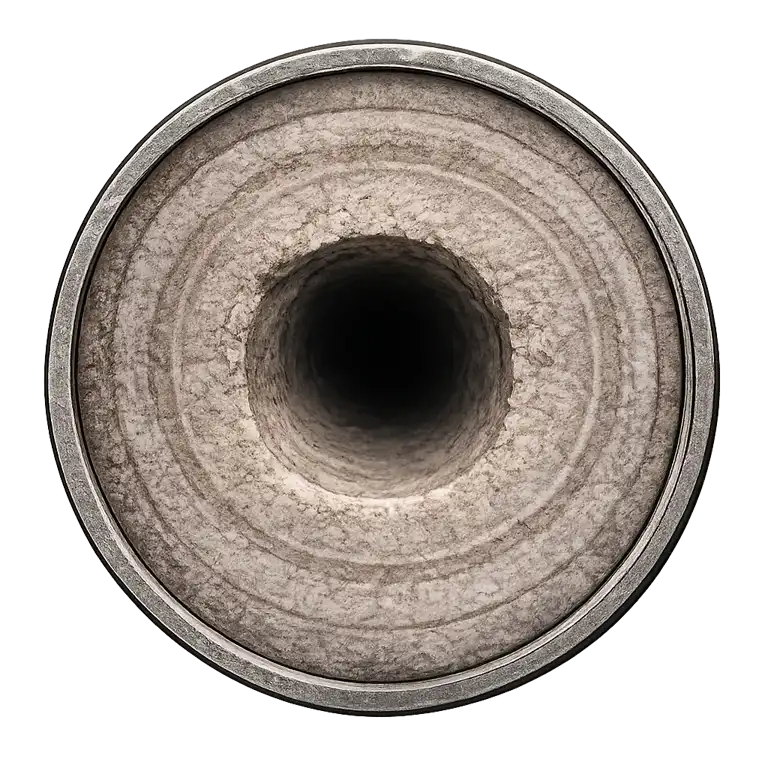 Cruise ship blackwater pipe completely blocked with heavy scale and waste deposits before descaling service.