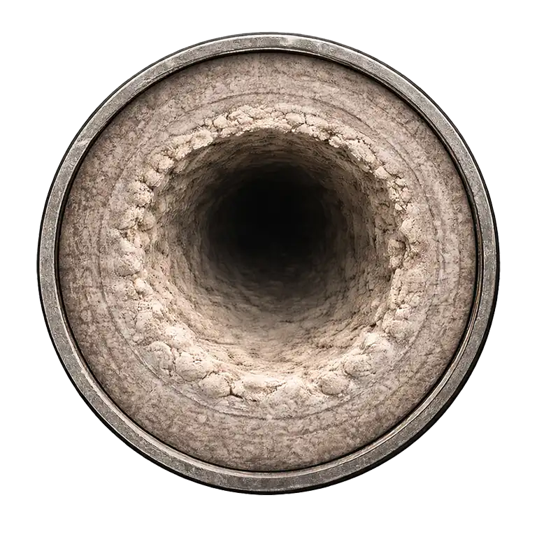 Marine sewage system pipe on a cruise vessel showing partial descaling with restricted flow channel beginning to form.