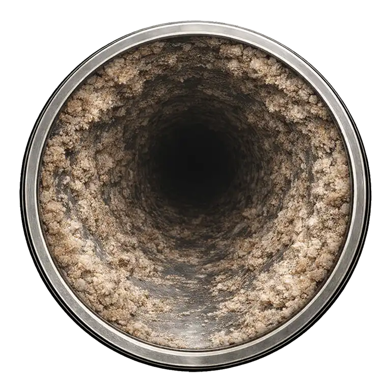 Cruise ship wastewater pipe during descaling process, with large areas of scale removed and inner metal surface visible.