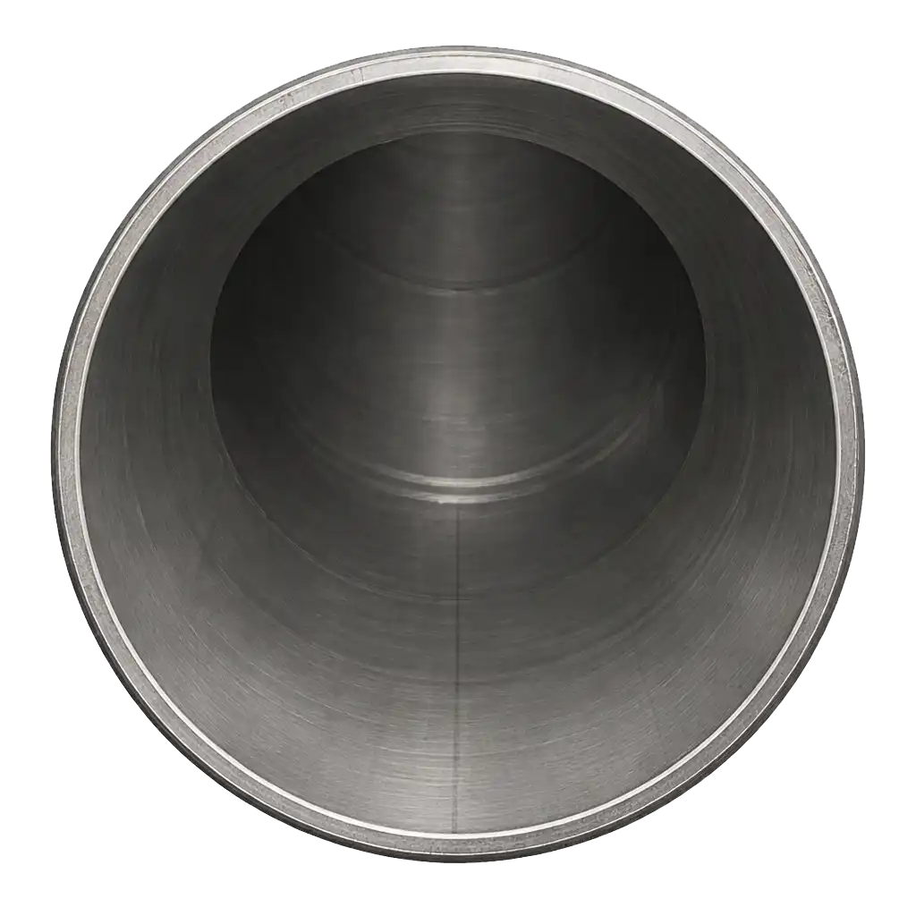 Cruise ship wastewater pipe during descaling process, with all scale removed and inner metal surface visible.