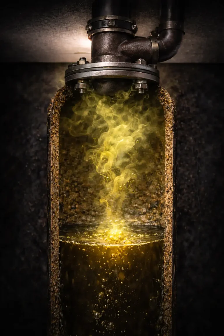 Cutaway view of a black and grey water pipe with scale build-up, restricted flow and gas rising from wastewater deposits.