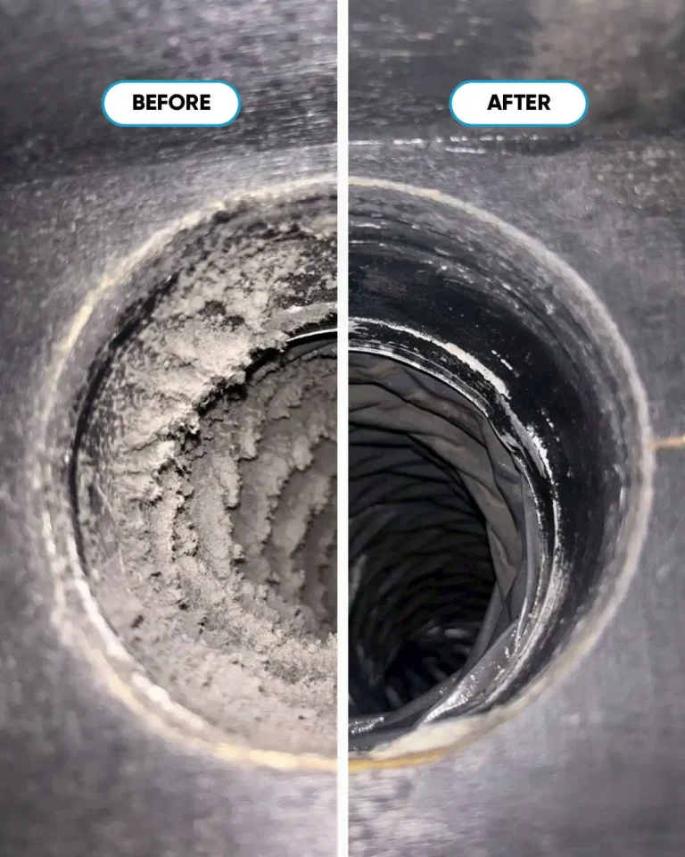 Before and after HVAC duct cleaning showing heavy internal dust build-up removed from a marine ventilation duct.