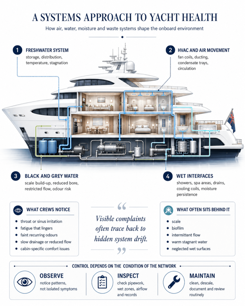 Infographic showing how superyacht air, water, HVAC, black and grey water, and wet interface systems affect onboard hygiene and crew health.