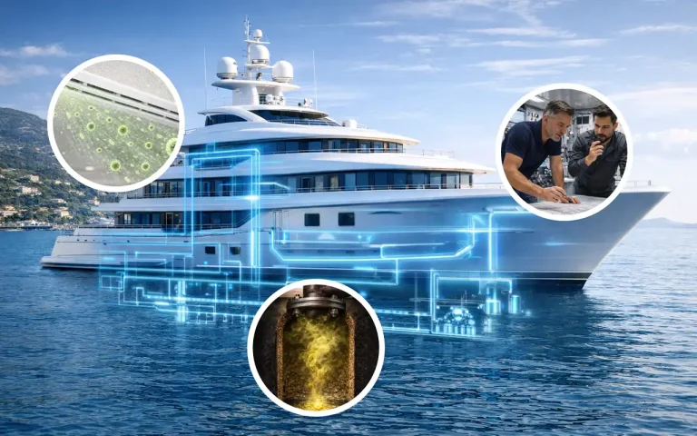 Superyacht at sea with illustrated onboard air, water and waste system pathways, showing HVAC contamination, engineers reviewing systems, and wastewater build-up.