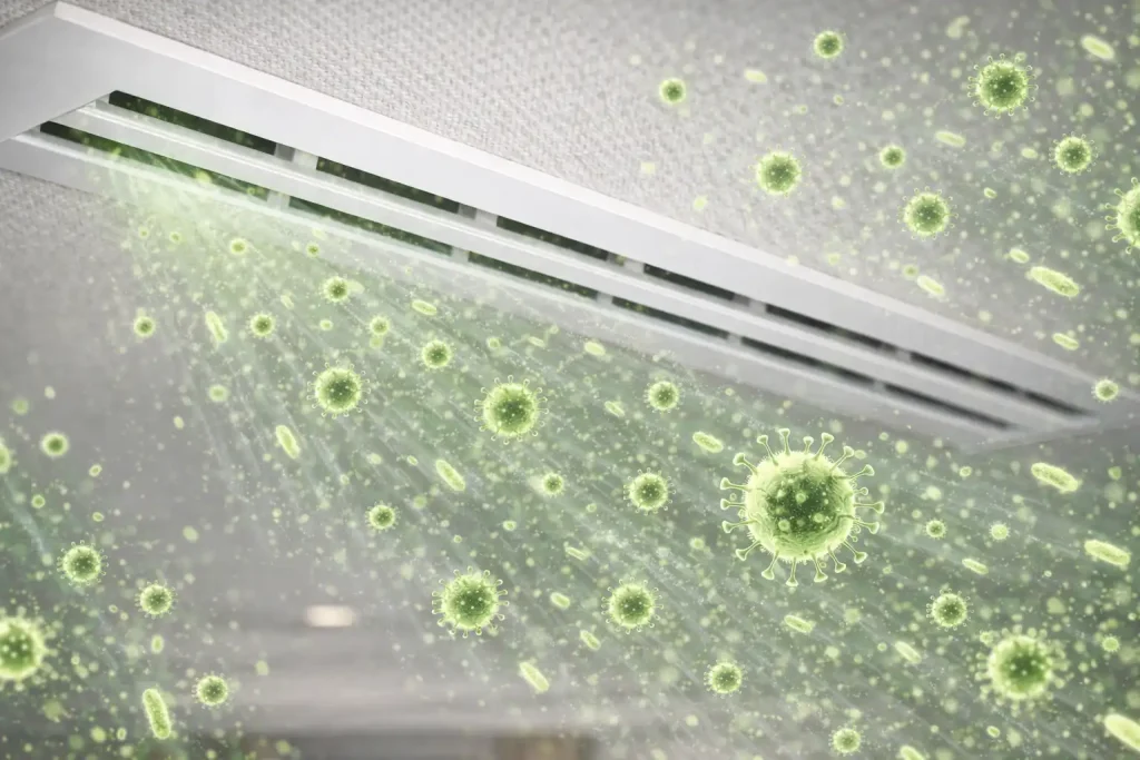 Air vent releasing airflow inside a yacht interior, with subtle airborne particle imagery suggesting HVAC hygiene risk.