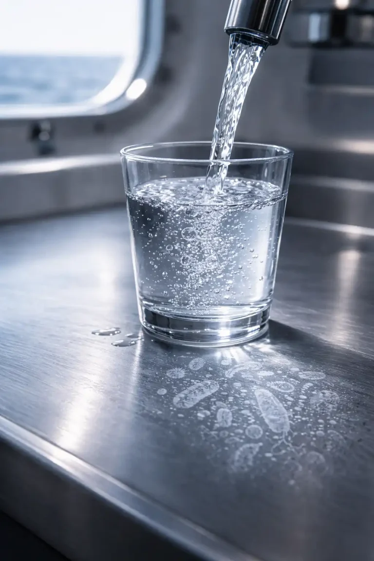 Glass of potable water being filled from a yacht faucet, with subtle microbial imagery suggesting water hygiene risk onboard.