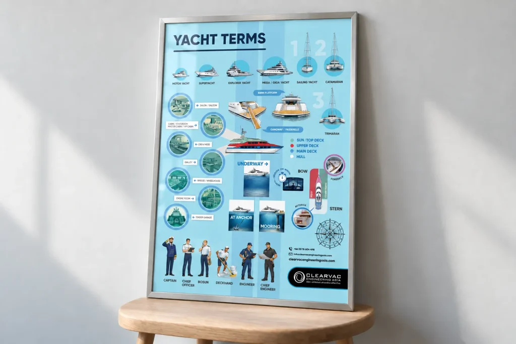 Framed Clearvac Yachting Terms poster displayed against a wall resting on a small table