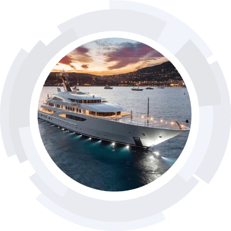 M/Y Lurrsen M/Y Lurrsen dock in a marina against a beautiful stone coloured sea, at sunset.